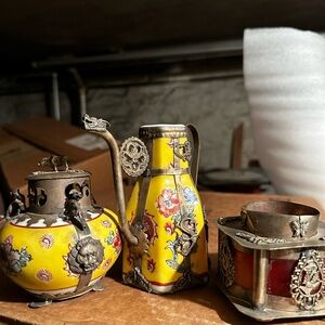 Vintage Chinese Teapot Set - Yellow Ceramic